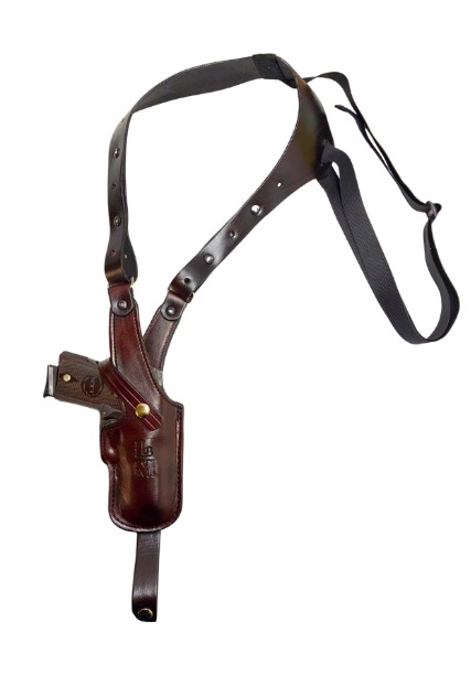 This single vertical shoulder holster is a favorite among plainclothes police and concealed/carry individuals. The 1" wide elastic support strap and 1.5" leather strap spread the weight evenly across the shoulders, making this model one of the most comfor